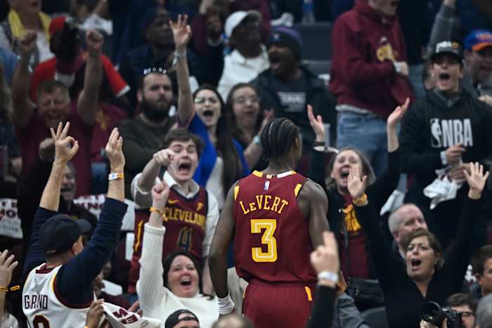 Caris LeVert celebrates his three-point basket.